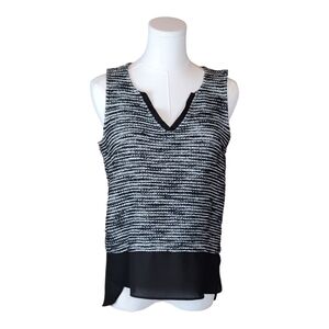 Sanctuary Metallic Knit Tank Top Black White Sheer Chiffon Hem V-Neck Size S